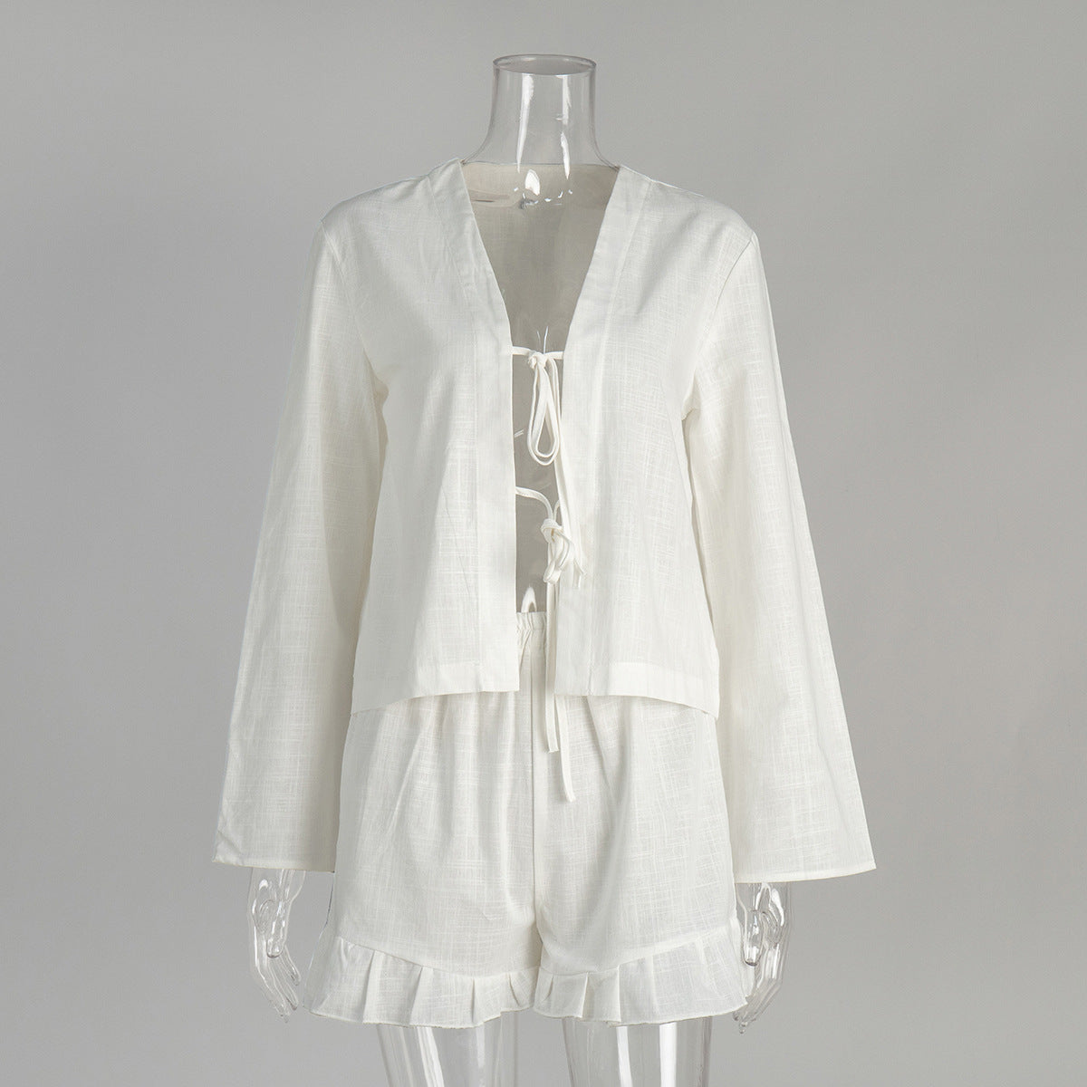 Cotton Tie-Front Cardigan And Shorts Set Casual Chic