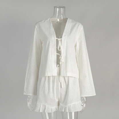 Cotton Tie-Front Cardigan And Shorts Set Casual Chic