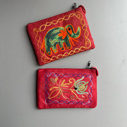 Nepali Hand-Embroidered Suede Ethnic Style Mini Coin Purse Pocket Card Bag Short Fabric Coin Bag