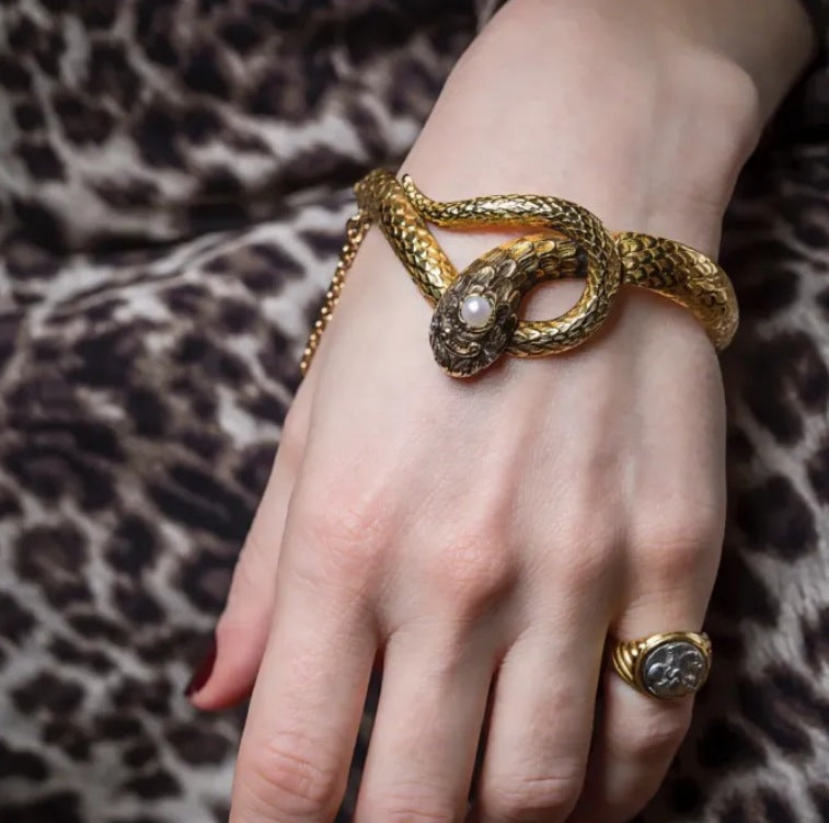 Vintage Gold Snake Bracelet with Pearl Detail