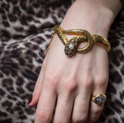 Vintage Gold Snake Bracelet with Pearl Detail