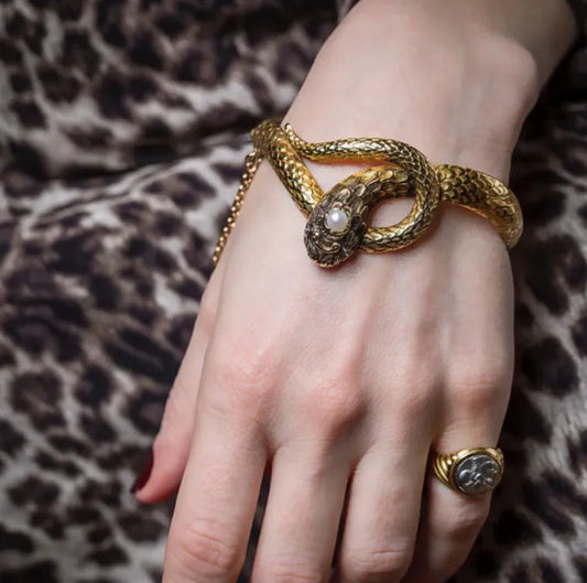 Vintage Gold Snake Bracelet with Pearl Detail
