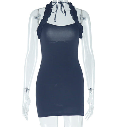Solid Color Ruffled Midi Dress Sexy Backless Sleeveless Dress