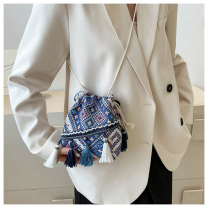 Trendy Bohemian Bucket Bag with Fringe - Canvas Shoulder Bag
