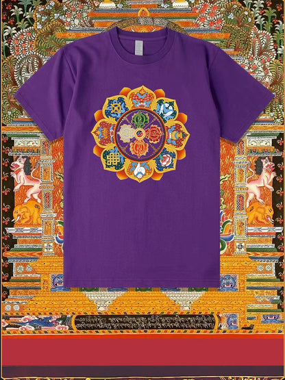 Diamond Pestle Babao New Printed Pure Cotton Mantra Wheel T-Shirt Top, Buddhist Men'S And Women'S High-End Clothing