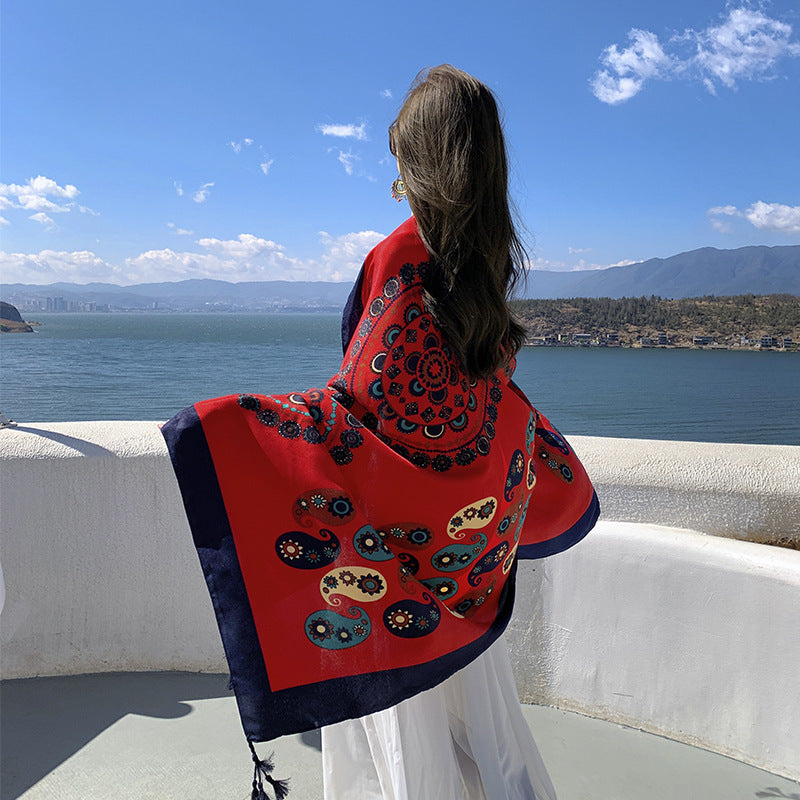 New Cotton And Hemp Feel Large Scarf Red Ethnic Tourism Beach Scarf With Dual Use Air Conditioning Room Shawl