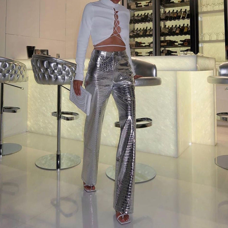 Trendy Silver PU Leather High-Waisted Straight Pants for Women