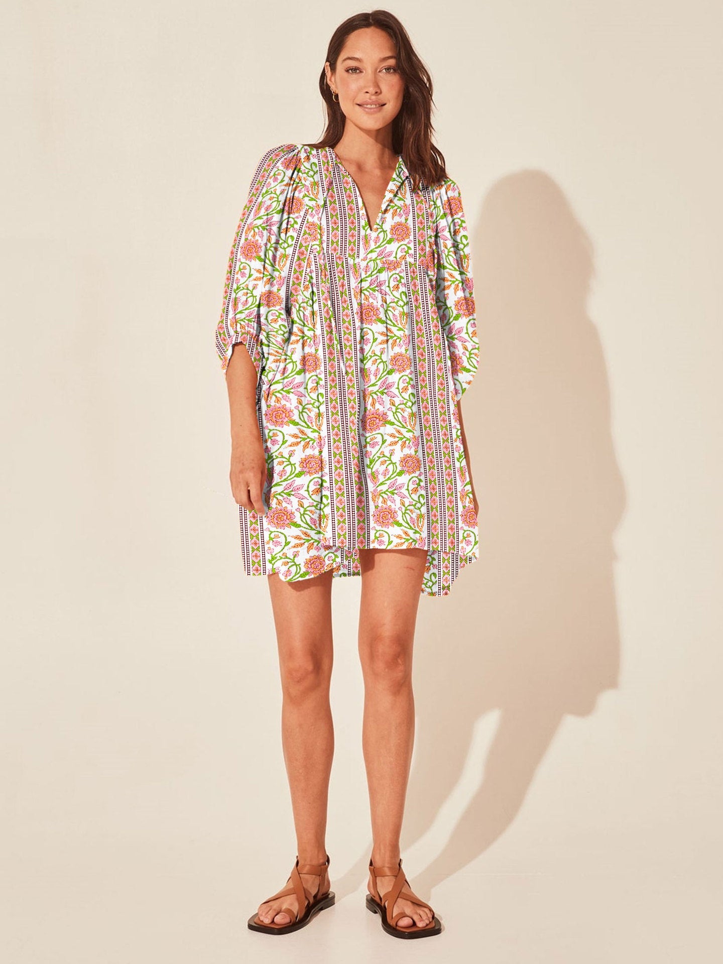 Floral Print Casual Dress with Tie Waist and Half Placket