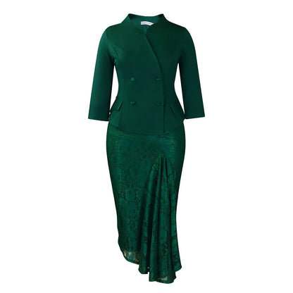 Elegant Long Sleeve Top And Lace Bodycon Skirt Set