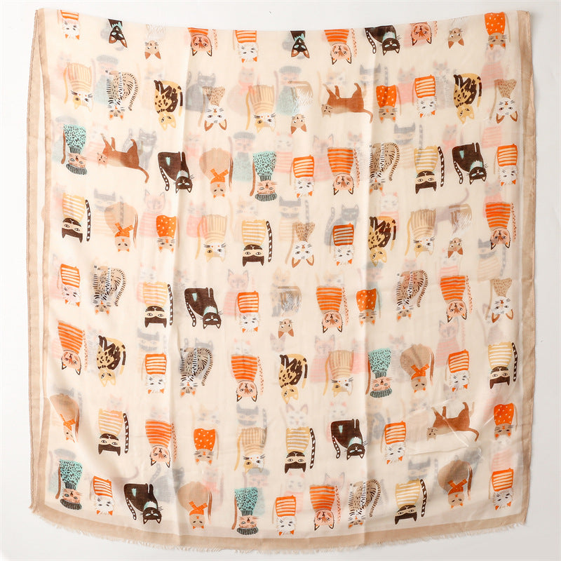 Spring And Autumn Sunscreen Cute Cat Paradise Printed Silk Scarf Satin Cotton Long Scarf