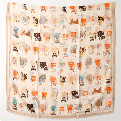 Spring And Autumn Sunscreen Cute Cat Paradise Printed Silk Scarf Satin Cotton Long Scarf