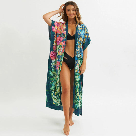 Polyester Green Printed Beach Blouse Sexy Cardigan Loose Sun Protection Bikini Blouse