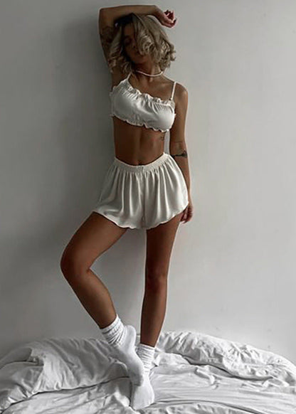 Satin Two Piece Sleepwear Set With Ruffle Trim