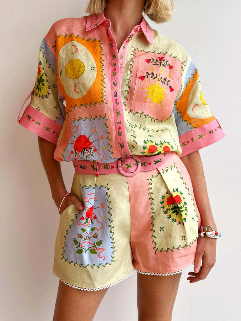 Elegant Floral Linen Shorts Set with 3D Patterns