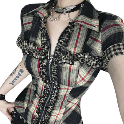Women's Checkered Cotton Shirt Casual Dark Aesthetic Top