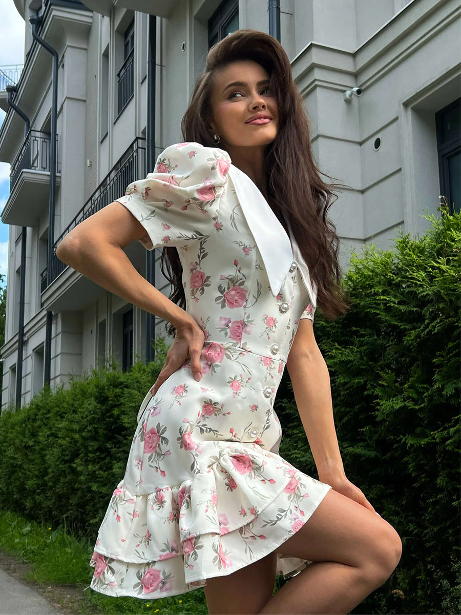 French V-Neck Puff Sleeve Dress Floral Print A-Line Midi Dress