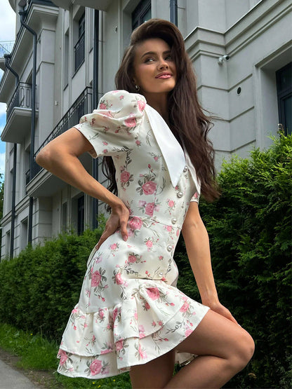 French V-Neck Puff Sleeve Dress Floral Print A-Line Midi Dress