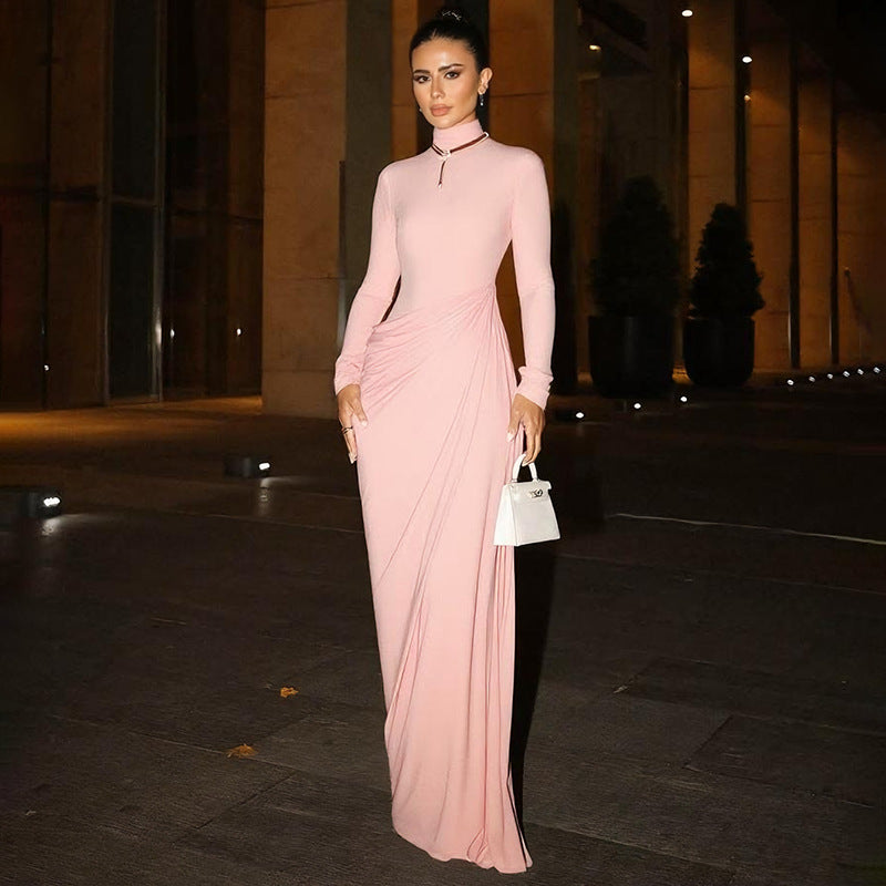 Elegant V-Neck Button Back Long Sleeve Dress