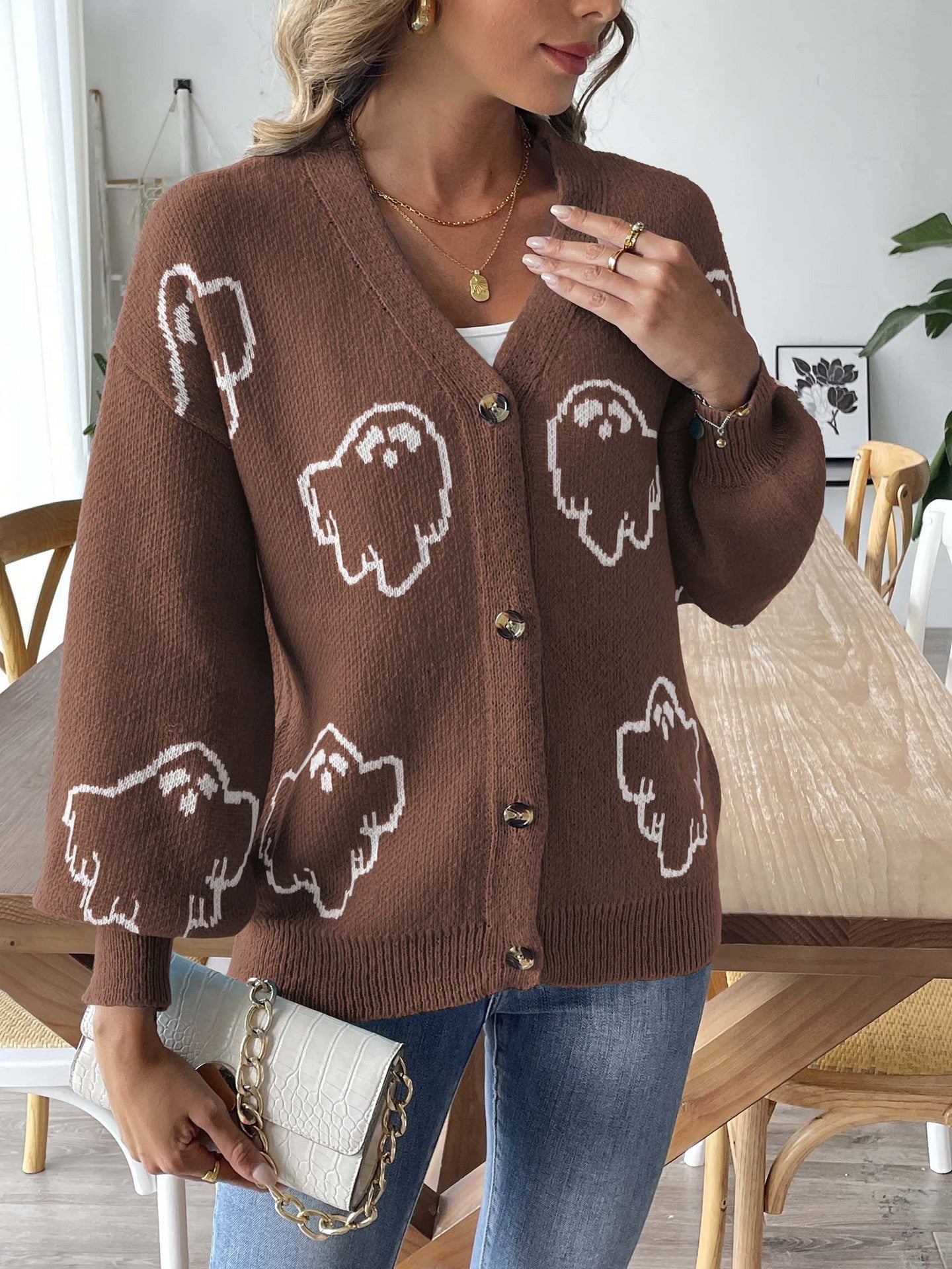Halloween Cartoon Ghost Buttons Knit Cardigan