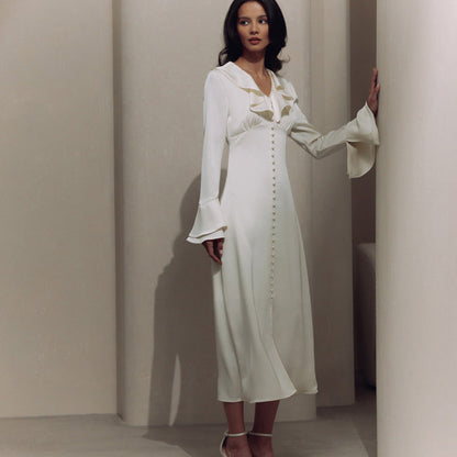 French Style Ruffled V Neck Long Sleeve Dress