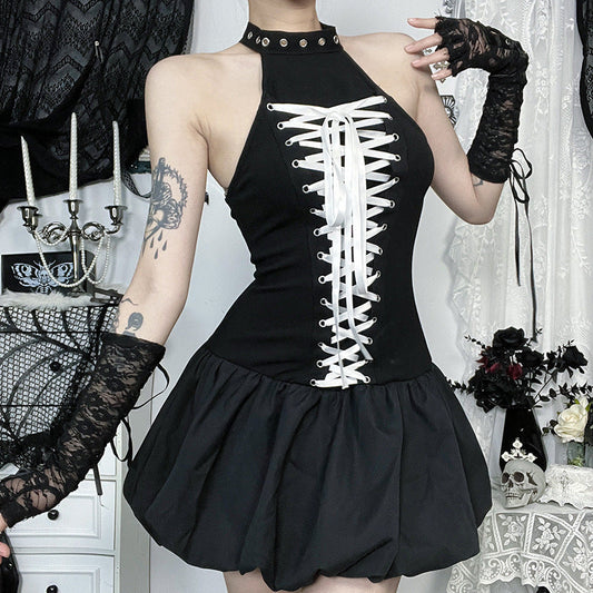 Black Goth Style Halter Neck Tie Back Mini Dress
