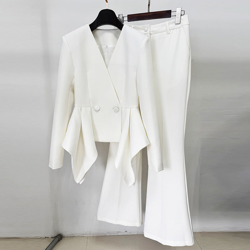 Stylish Ruffled Top Jacket And Flared Pants Set