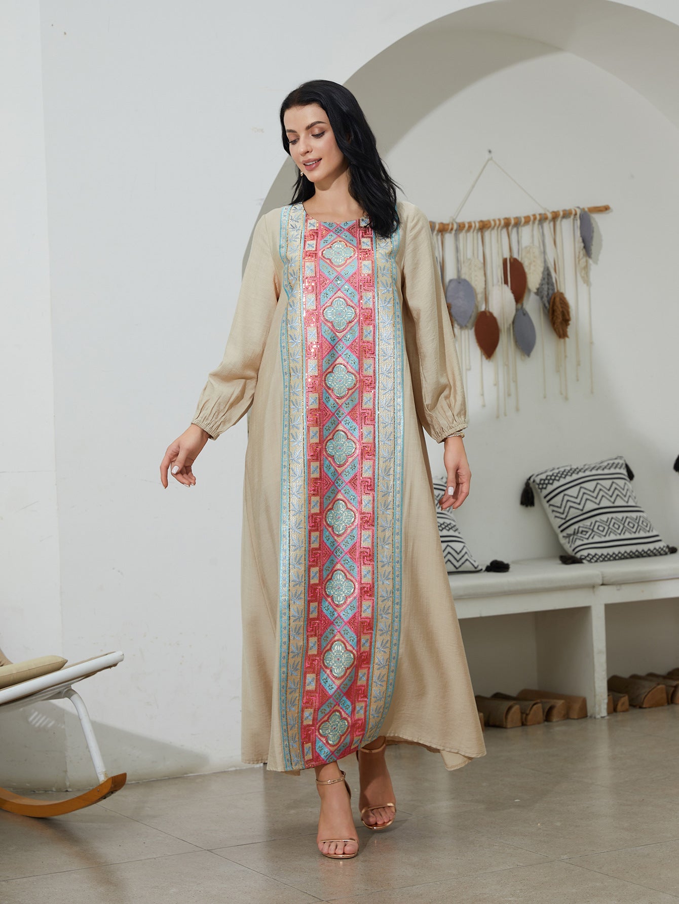 Embroidered Sequin Long Dress Elegant Muslim Gown