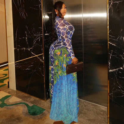 Trendy Print Bodycon Midi Dress With Long Sleeves And High Neck
