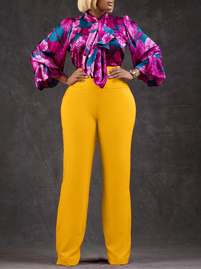 Casual Long Sleeve Floral Shirt And Wide Leg Pants Set