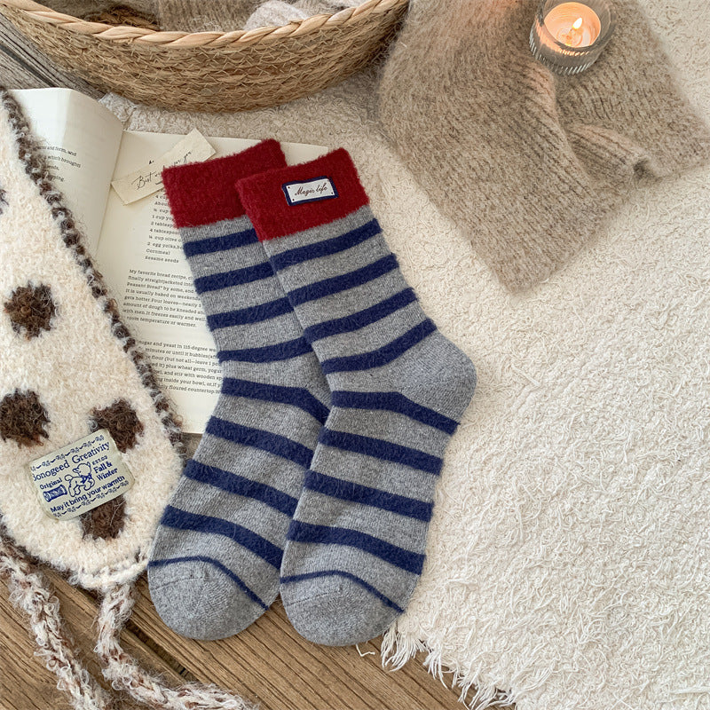 Striped Color Block Thermal Plush Crew Socks