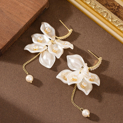 Floral Pearl Tassel Earrings With Zirconia Accents