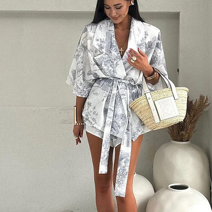 Trendy Casual Floral Print Two-Piece Set with Tie Detail