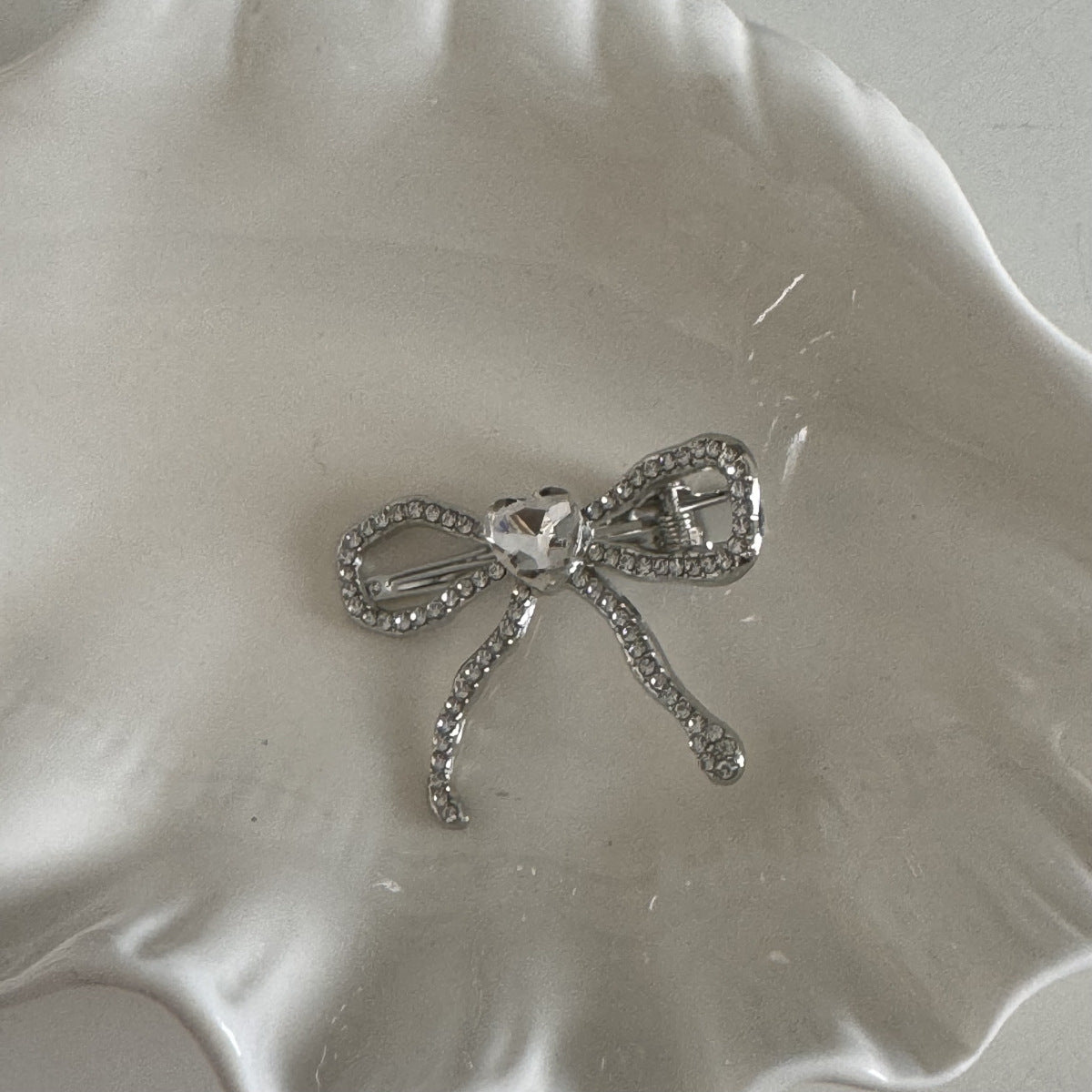 Silver Rhinestone Bow Heart Hair Clip