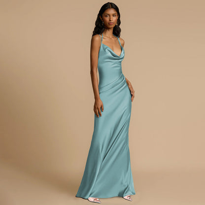 Blue Backless Sleeveless Evening Dress Elegant Fit and Flare