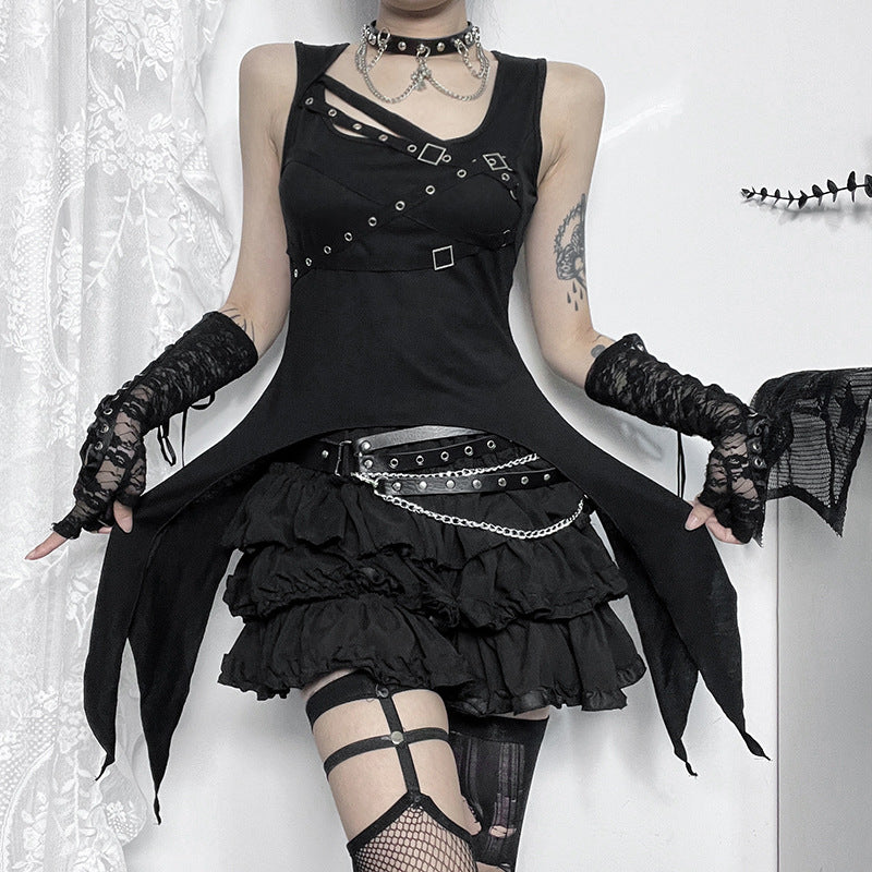 Trendy Black Irregular Eyelet Tank Top for Street Style