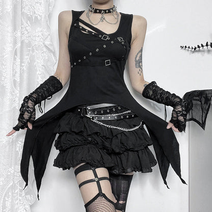 Trendy Black Irregular Eyelet Tank Top for Street Style