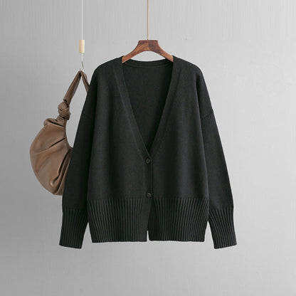 Elegant V-Neck Solid Color Loose Knit Cardigan