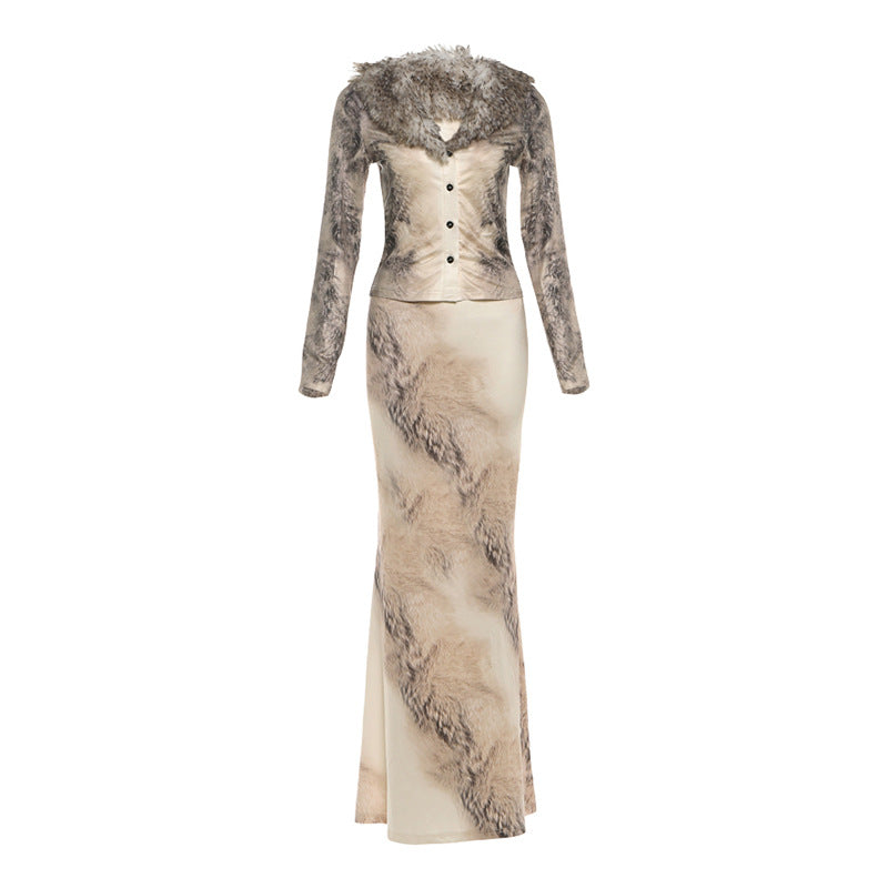 Fitted V-Neck Cardigan With Fur Collar And Midi Skirt Set
