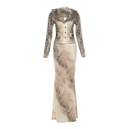 Fitted V-Neck Cardigan With Fur Collar And Midi Skirt Set