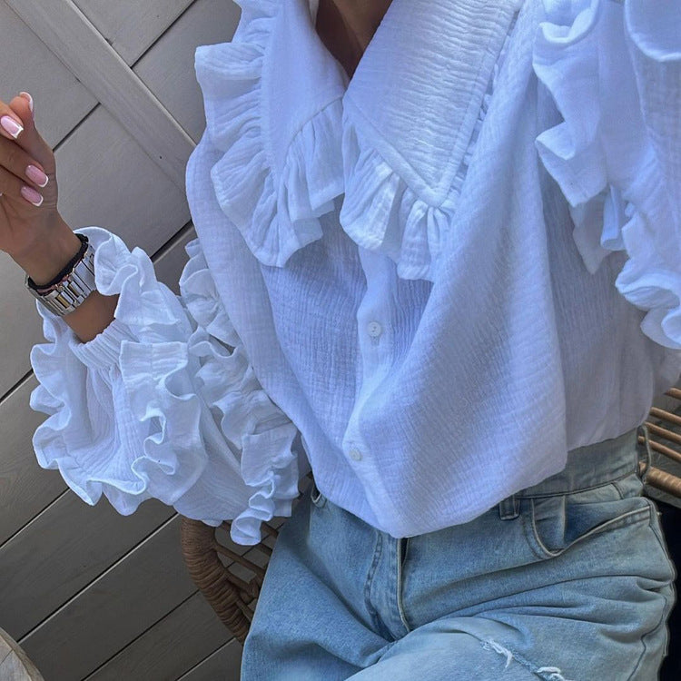 Casual White Cotton Lantern Sleeve Shirt