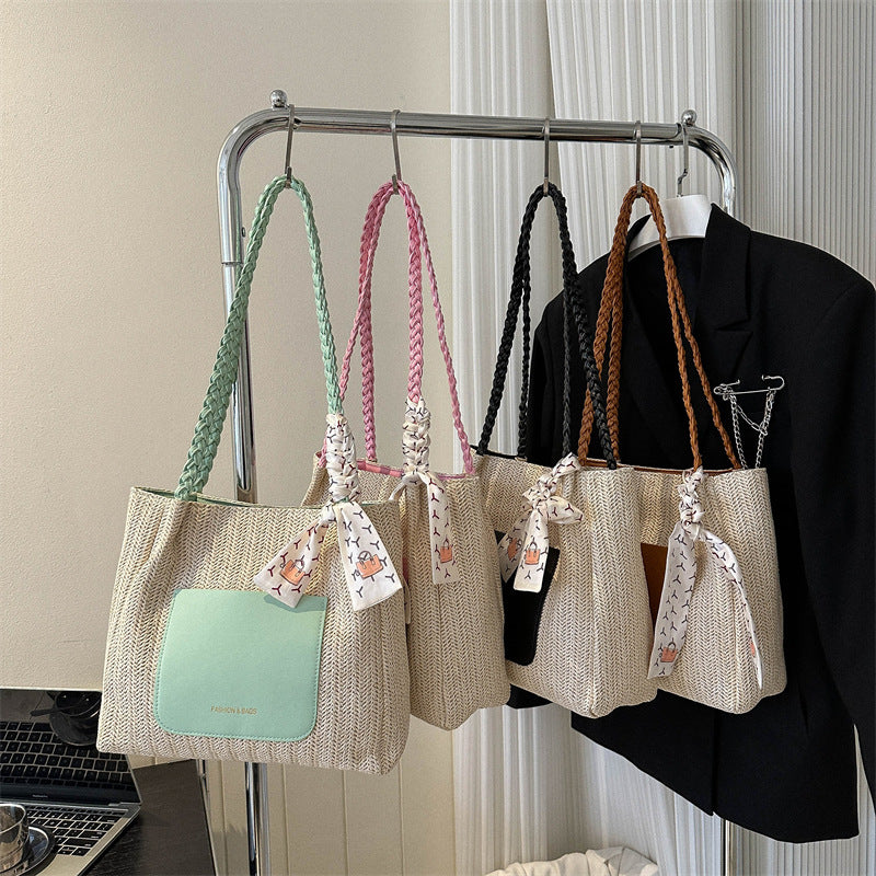 Woven Straw Tote Bag Stylish Casual Large Capacity Shoulder Bag