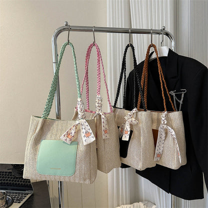 Woven Straw Tote Bag Stylish Casual Large Capacity Shoulder Bag