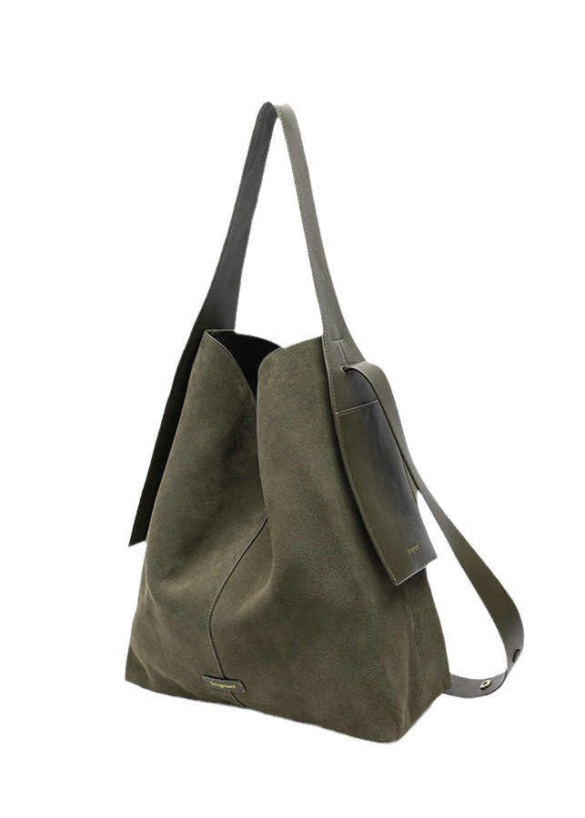 Suede Leather Bucket Tote Bag Brown Green