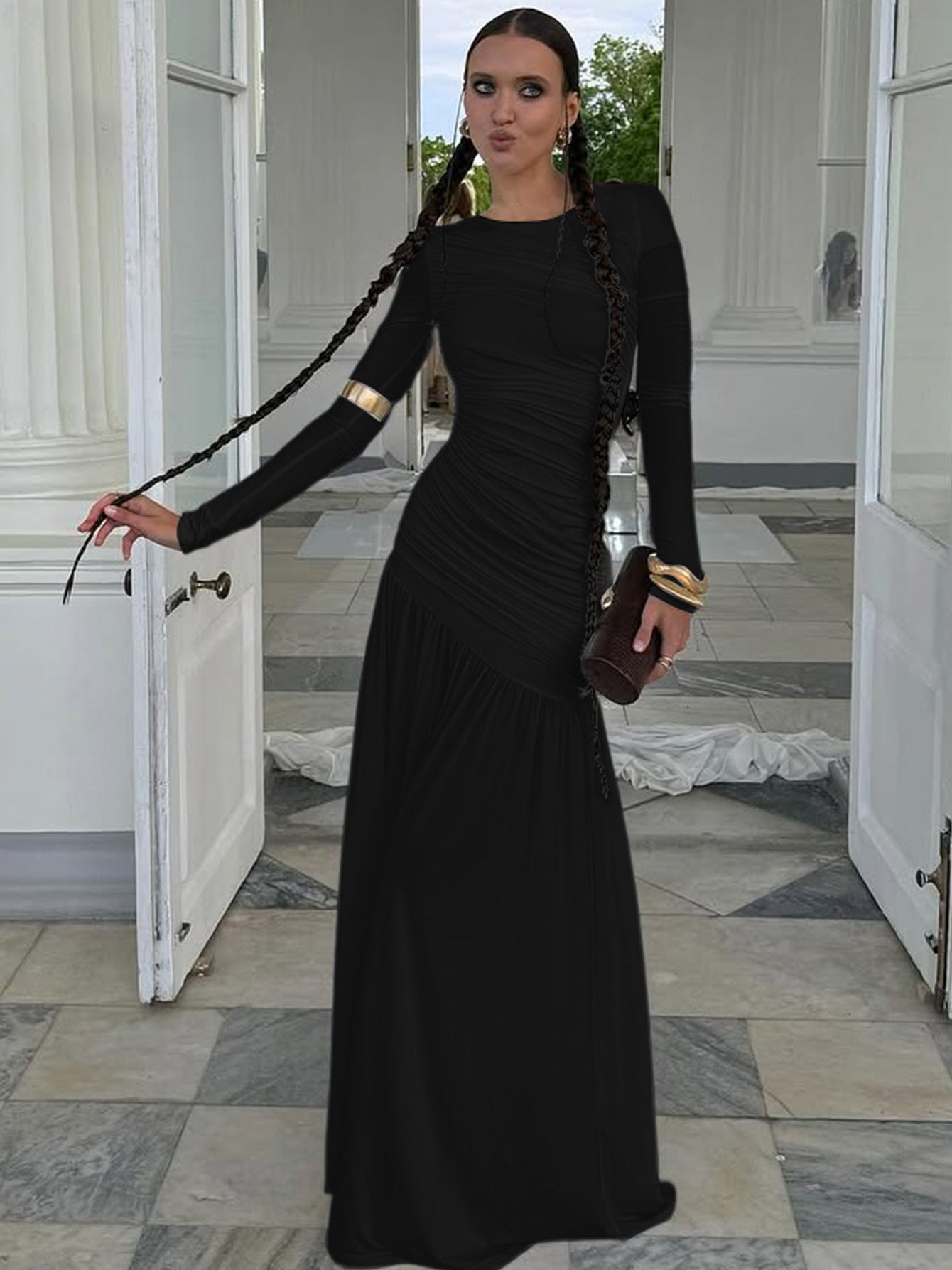 Trendy Casual Long Sleeve Dress Elegant Round Neck