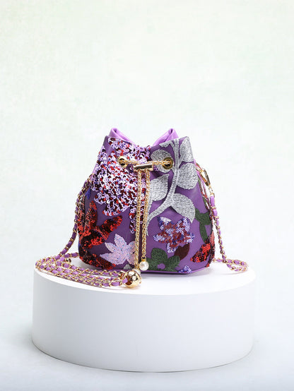 Elegant Floral Embroidered Sequin Mesh Color Block Bucket Bag