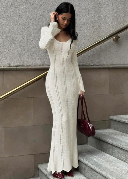 Knit Maxi Dress White Off Shoulder Flared Sleeves