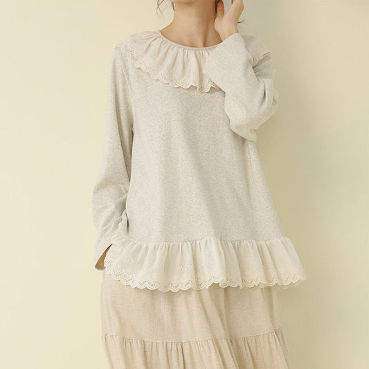 Embroidered Lace Trim Knit Sweater Casual Loose Top