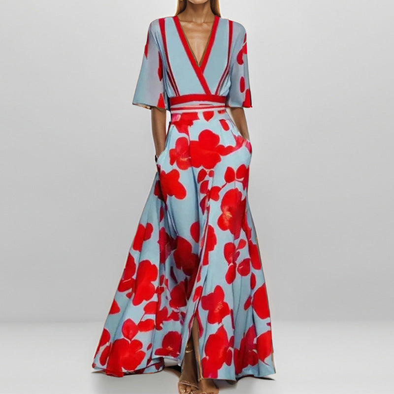 Elegant V-Neck Floral Print Midi Dress