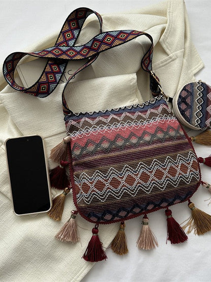 Ethnic Style Large Capacity Shoulder Bag Trendy Fringe Crossbody Bag