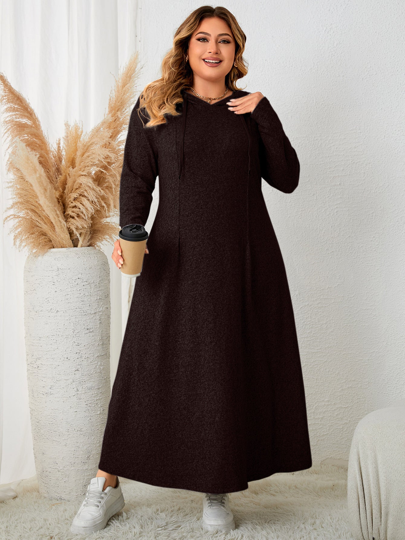 Casual Hooded Plus Size Dress Floral Print Polyester Elegant A-Line